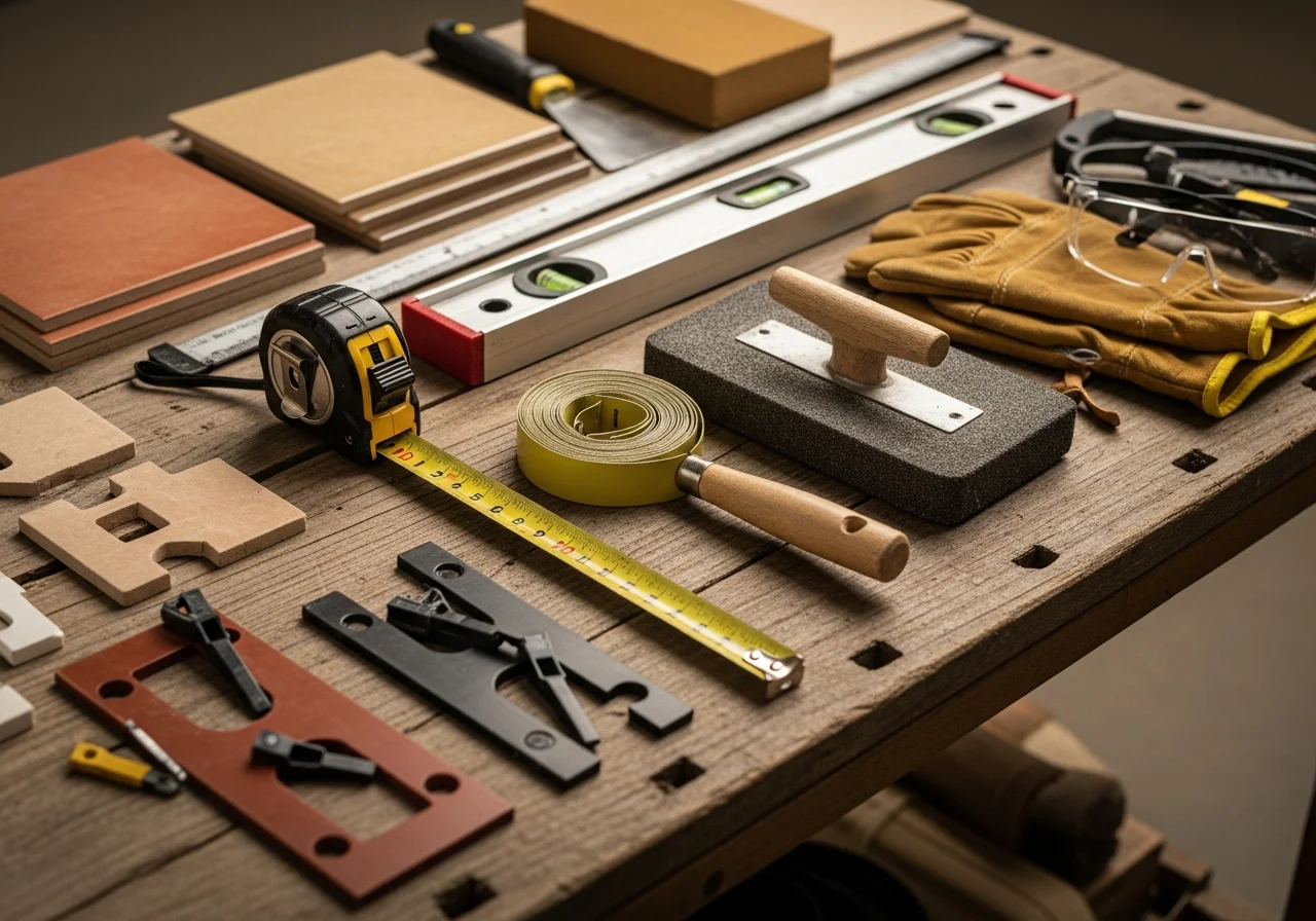 Flooring installation and construction tools arranged on a work surface, representing hardwood, tile, and finishing services.