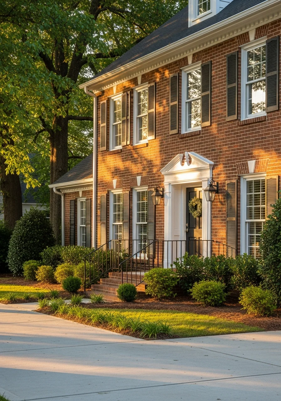 Close-up of a Chesapeake home's exterior with modern updates and professional landscaping.