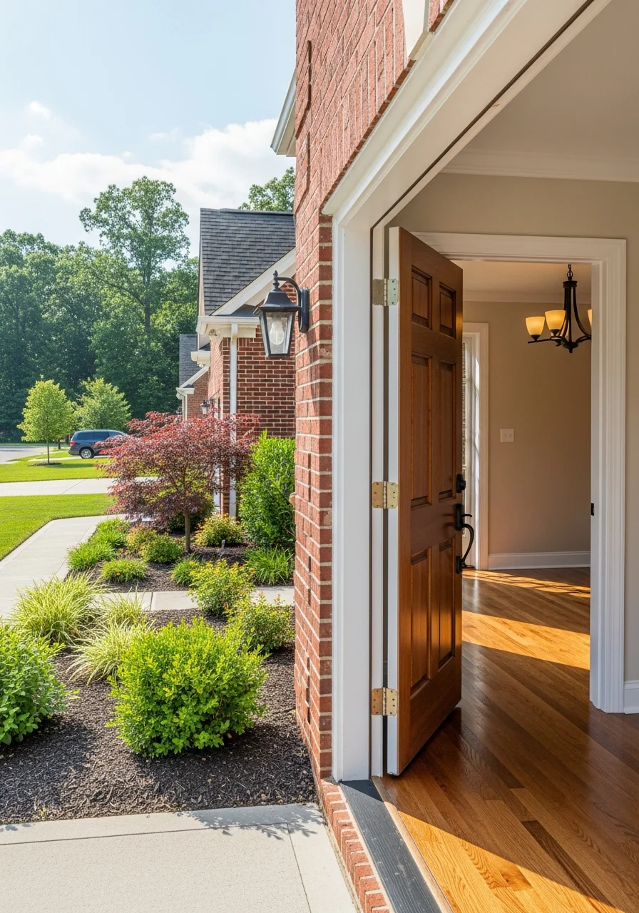 Close-up of a Chesterfield home's exterior with brick facade and professional landscaping.