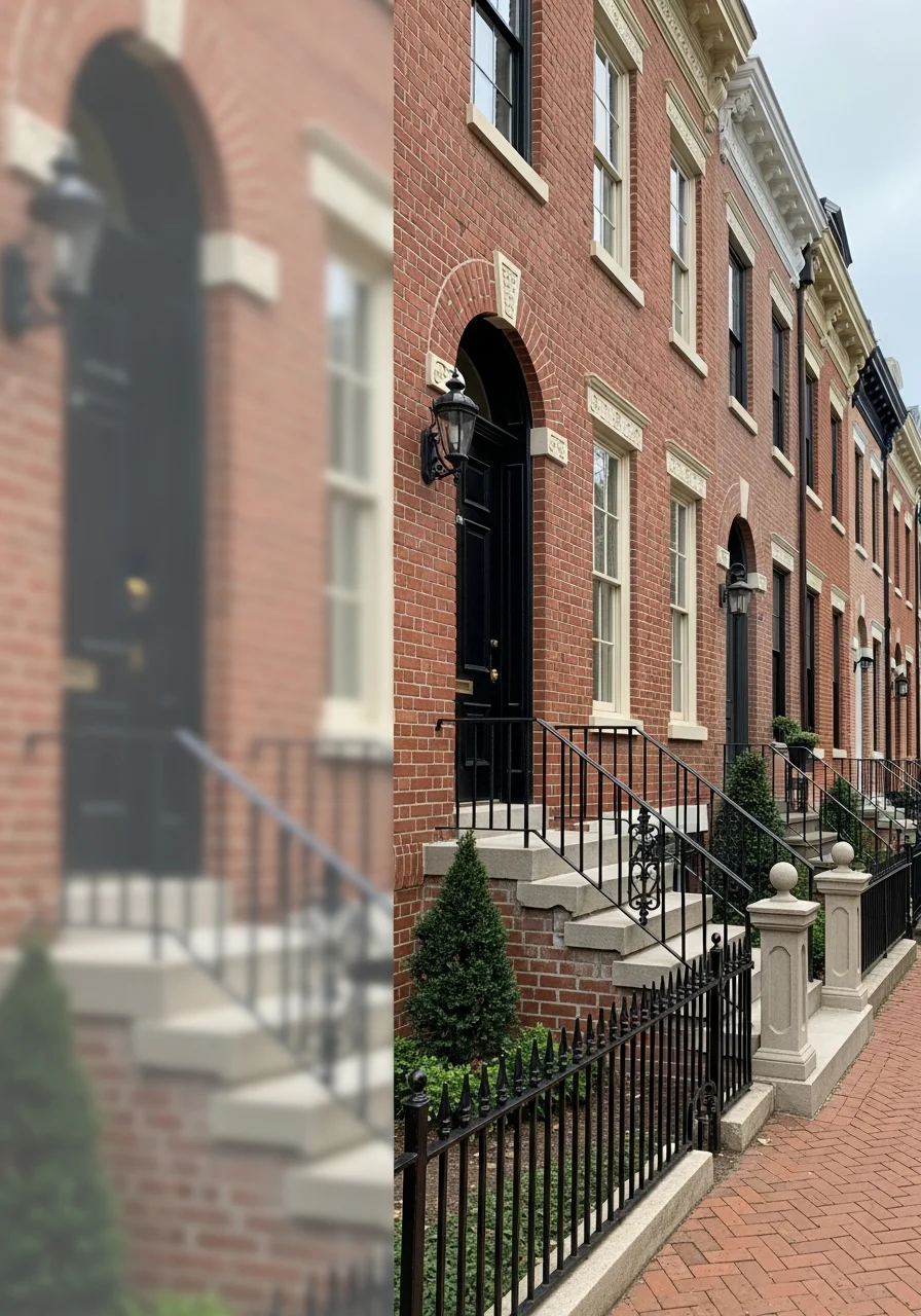 Detailed view of a restored Richmond home's entrance with traditional stonework and landscaping.