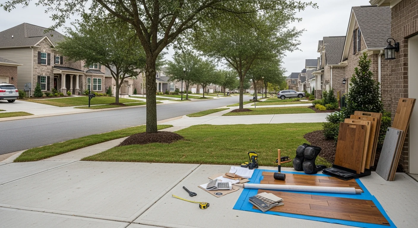 Suburban street in Short Pump with new construction homes and mature trees lining the road.