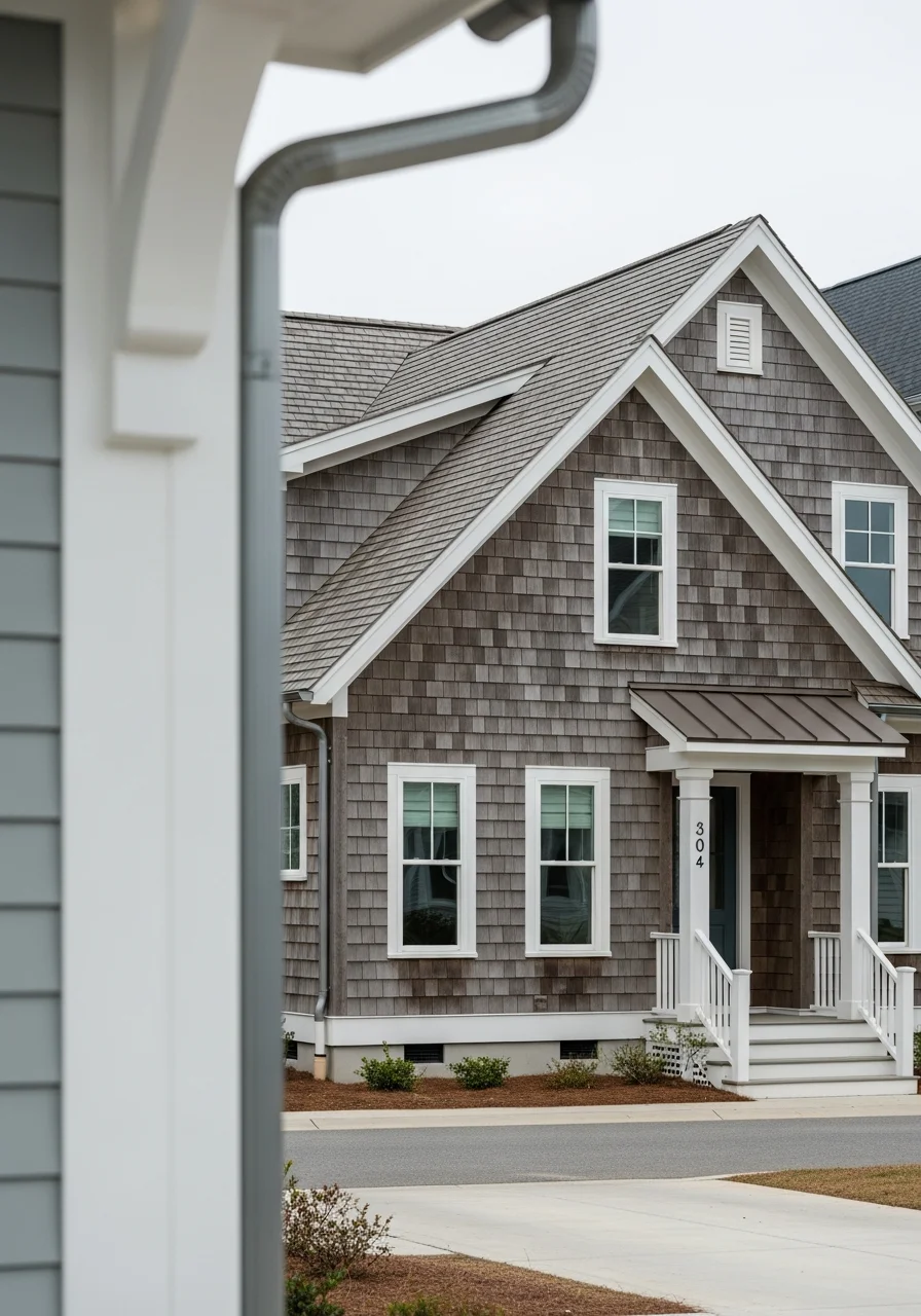 Close-up of a Virginia Beach home's exterior with coastal architecture and professional maintenance.
