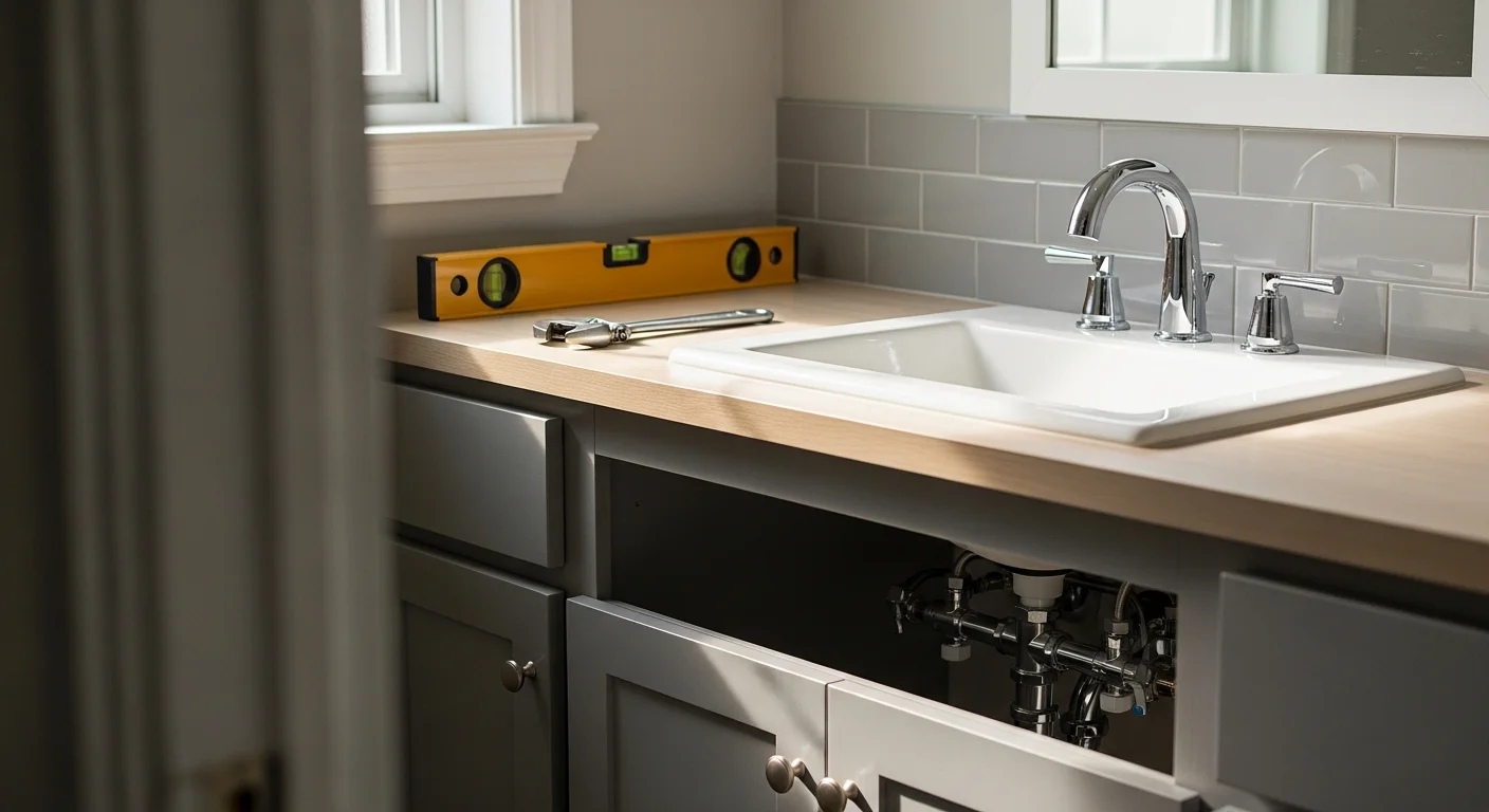 A newly installed bathroom vanity and sink fixture inside a single-family home in Short Pump, VA. The updated hardware and clean plumbing connections reflect a completed MMM Floors bathroom fixture installation.