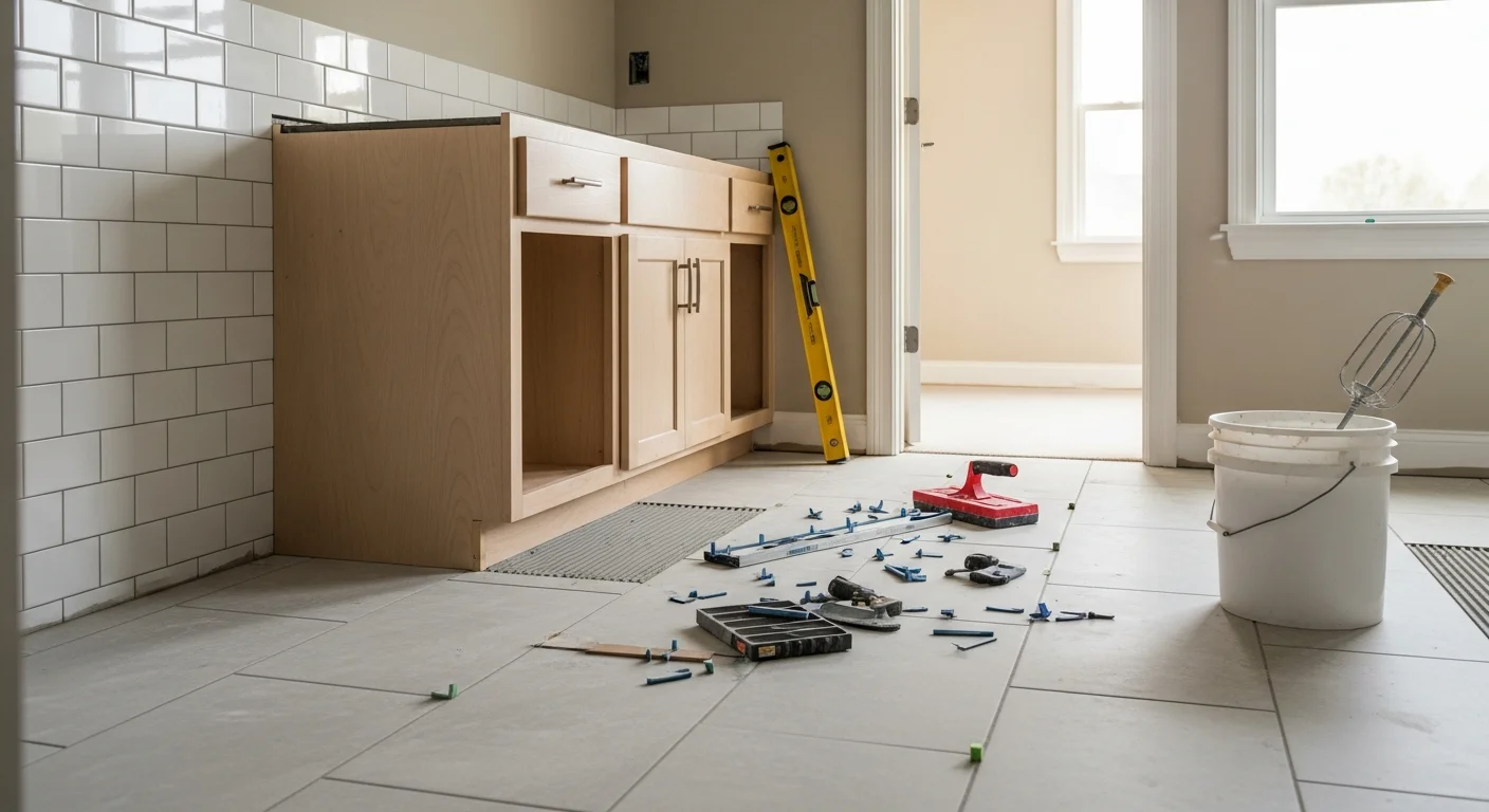 Remodeled bathroom in a Short Pump, VA single-family home showing new floor tile, a updated vanity, and fresh wall tile around the shower surround. The finished space reflects the clean, practical style common in western Henrico County homes.