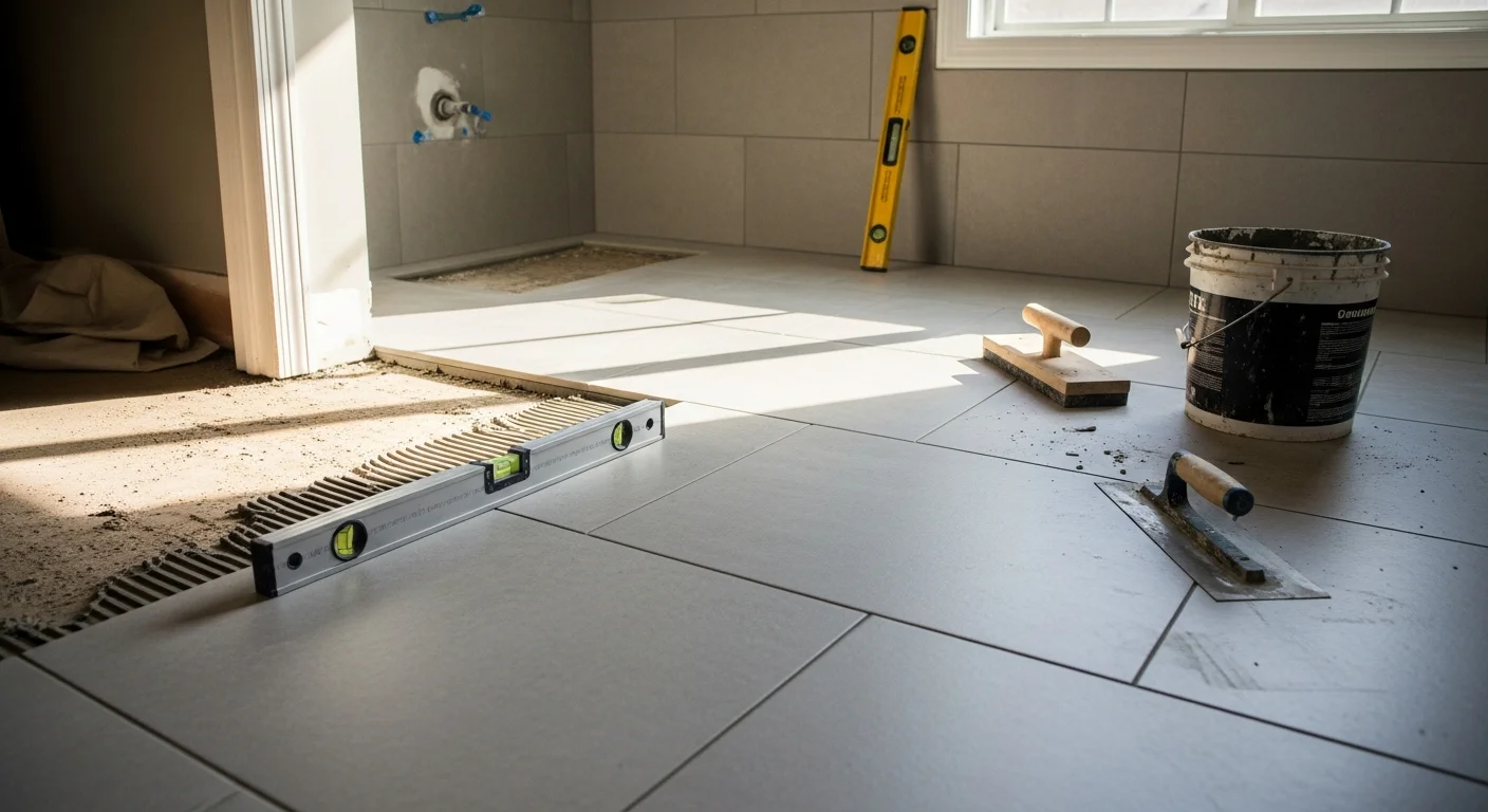 Freshly installed floor and shower wall tile in a Short Pump, VA bathroom, showing clean grout lines and a tiled tub surround. The finished space reflects a full bathroom tile installation by MMM Floors.