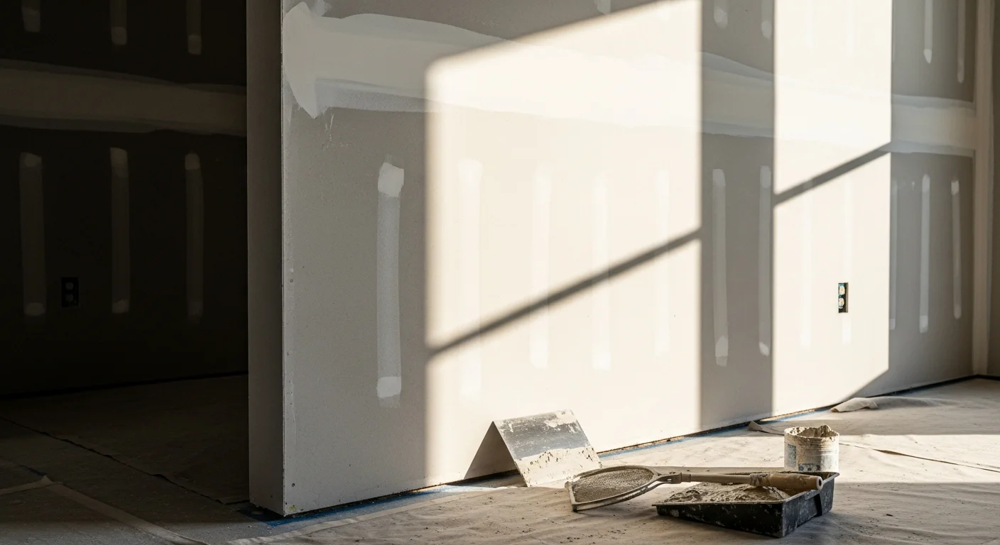 Freshly finished drywall walls in a Short Pump, VA home interior showing smooth, seam-free surfaces ready for paint. A contractor applies a final coat of joint compound along a wall seam in an open-concept room during a residential remodel.