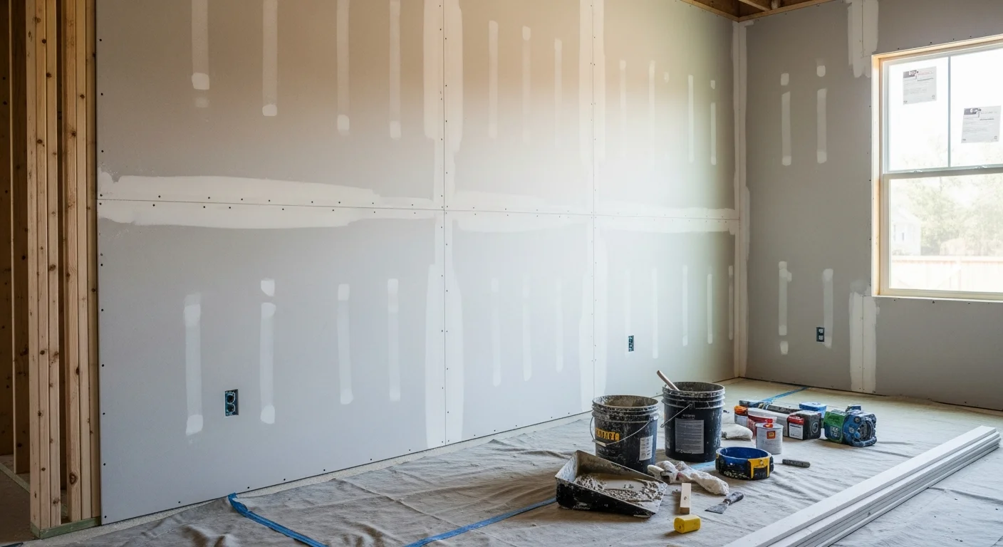 A freshly drywalled open-concept living room in a Short Pump, VA single-family home, showing smooth taped and mudded walls ready for paint. The space reflects the modern floor plan common in Henrico County residential builds.