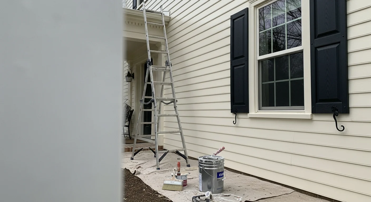 A freshly painted two-story Colonial-style home in Short Pump, VA, with clean white trim and newly coated siding. The exterior shows no peeling or fading, with painted soffits and a contrasting front door visible from the street.