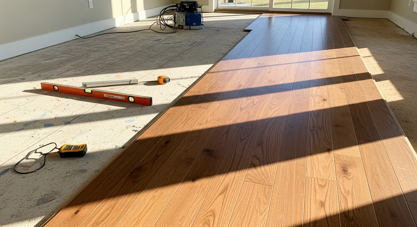 Freshly installed hardwood floors in a Short Pump, VA single-family home with clean plank lines and a natural wood finish. The open-concept living area shows tight seams and a smooth surface ready for furniture placement.
