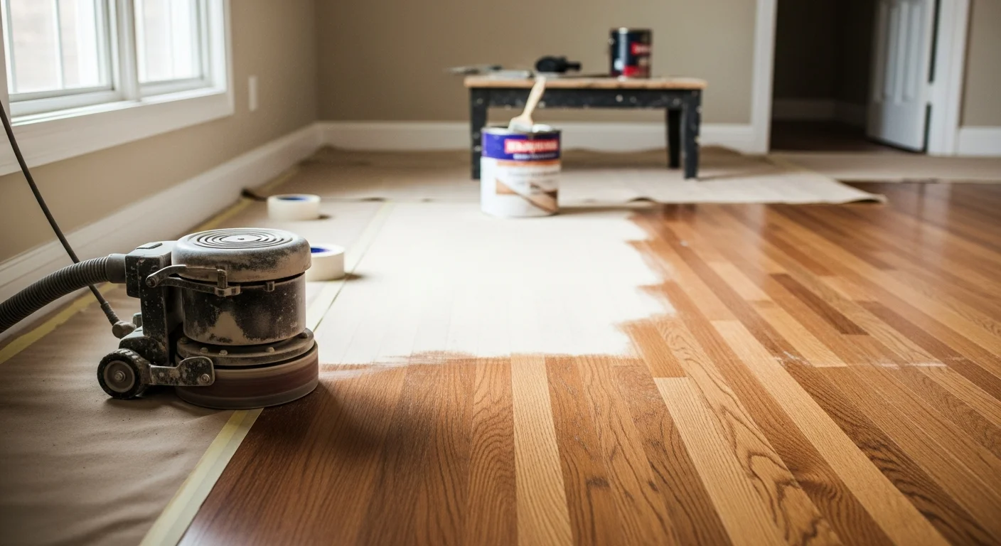 Freshly sanded and refinished hardwood floor in a Short Pump, VA home, showing smooth wood grain and an even finish coat across a bright living room. MMM Floors hardwood refinishing service result in Henrico County.