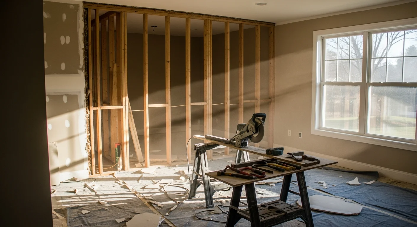 Interior demolition in progress inside a Short Pump, VA home, with drywall removed from walls and subfloor exposed in preparation for a kitchen remodel. Dust barriers are visible protecting adjacent finished rooms.