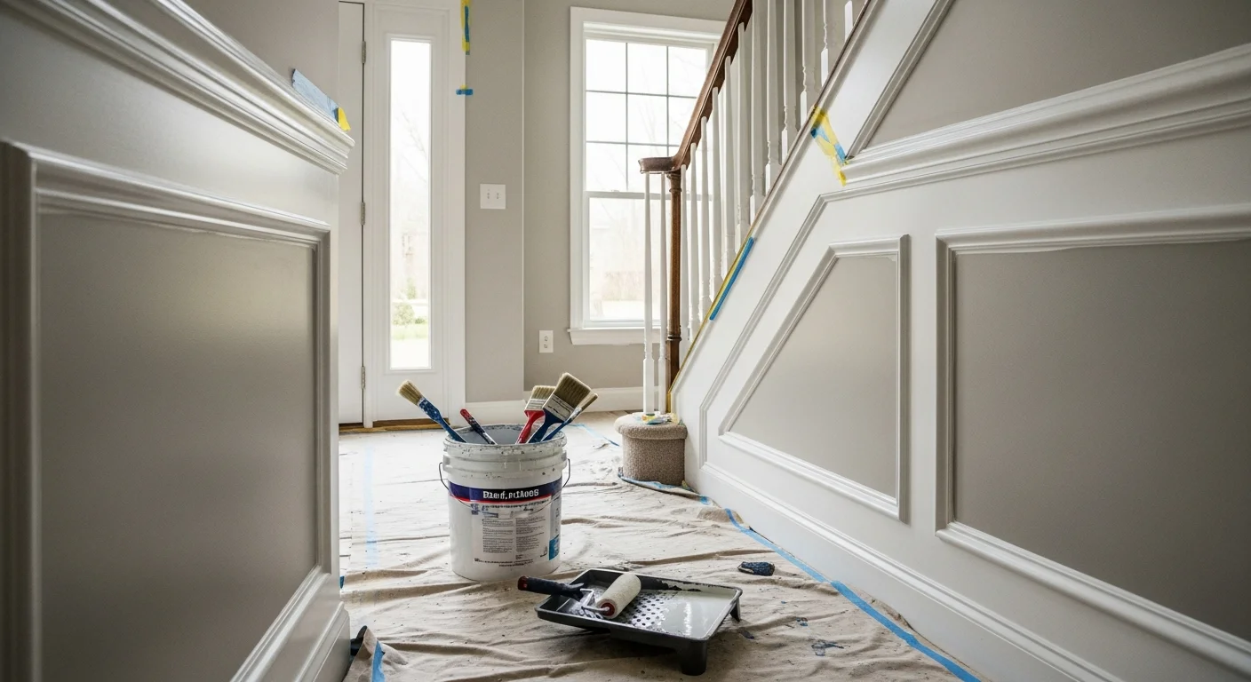 A freshly painted living room interior in a Short Pump, VA single-family home, showing smooth walls, clean trim lines, and an open floor plan. MMM Floors interior painting work on display in a residential space in Short Pump.