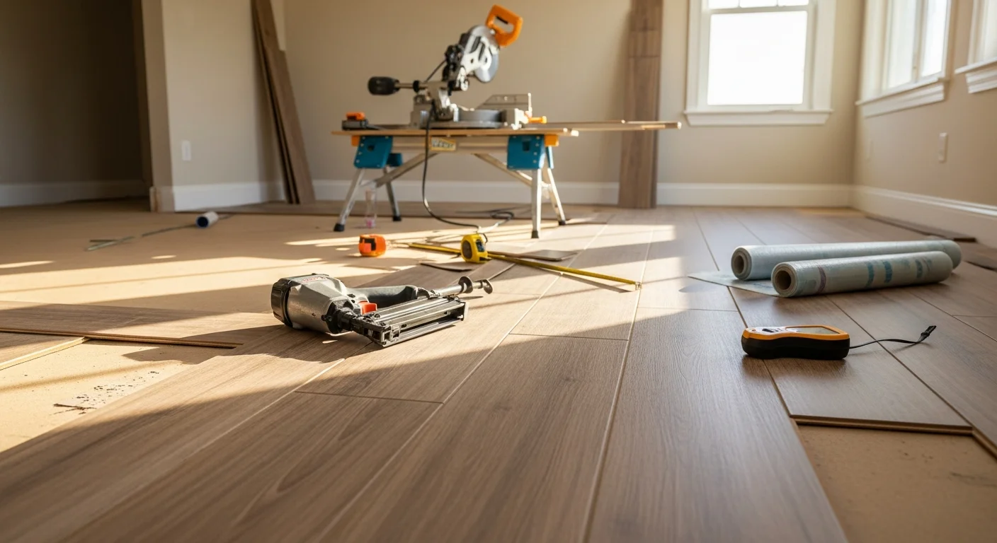 Freshly installed laminate flooring in a Short Pump, VA single-family home, showing clean plank rows running through an open living and dining area. Natural light from large windows highlights the smooth surface and tight seams at the wall transitions.