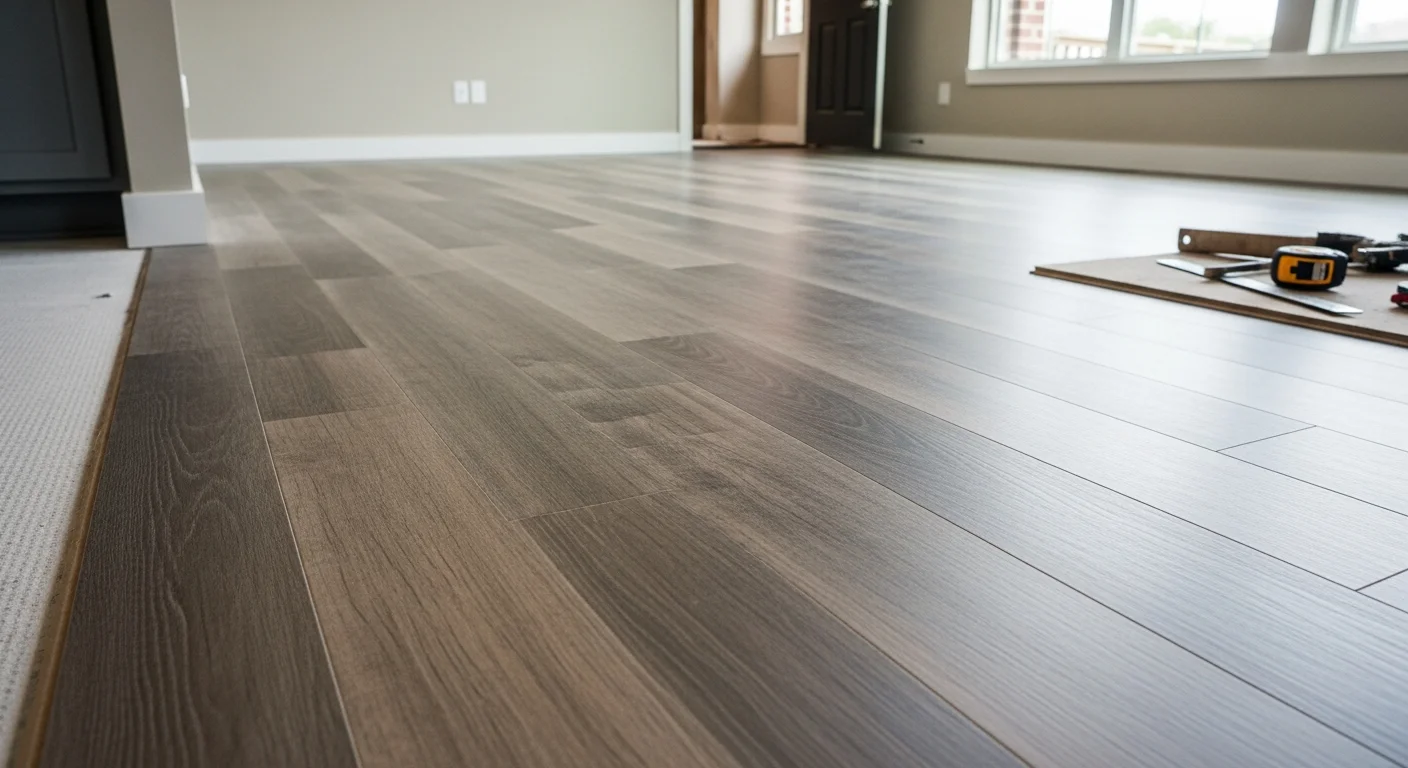 Freshly installed luxury vinyl plank flooring covering the open-concept main level of a Short Pump, VA home, showing clean plank lines running from the living area into the kitchen. The floor reflects natural light from nearby windows and meets the wall trim with tight, finished transitions.