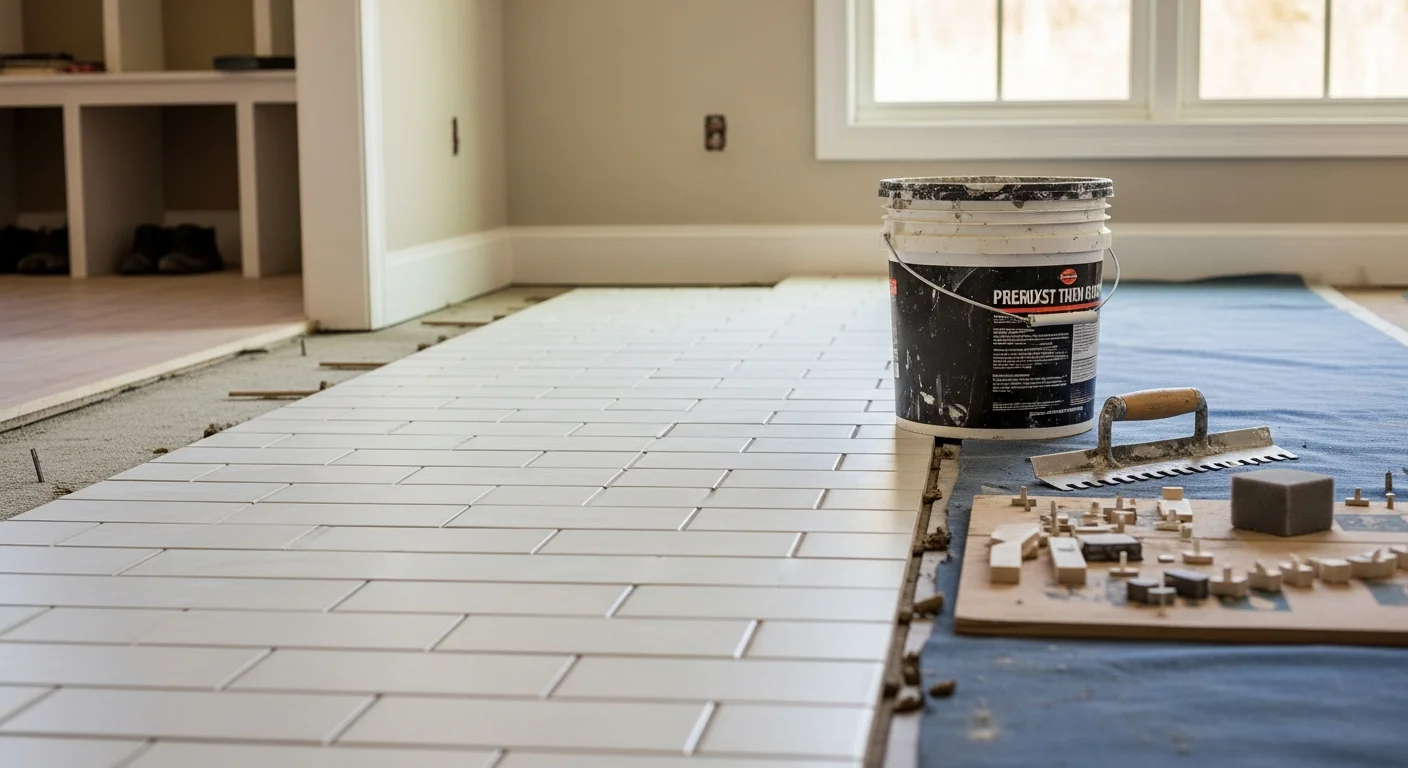 Freshly installed tile floor in a Short Pump, VA bathroom, showing clean grout lines and a smooth transition at the doorway threshold. The room features a tiled shower surround and consistent tile pattern across the floor.